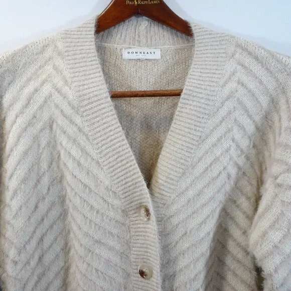 DownEast Cream Tan Chevron Striped Slouchy Cardigan Sweater Size S/M Eyelash - Picture 2 of 6